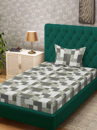 Myntra Elegant Homes Hijau Zaitun & Putih Geometrik 400 TC Cadar Tempat Tidur Single dengan 1 Sarung Bantal