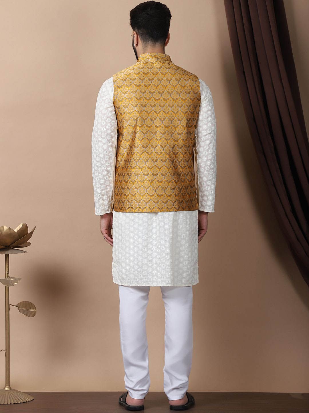 Anouk Cream-Coloured Floral Embroidered Pure Cotton Kurta with Churidar & Nehru Jacket