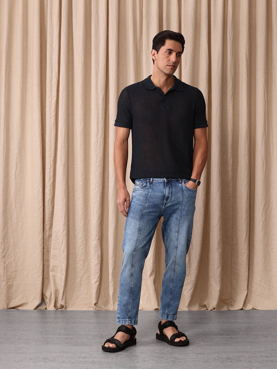 Mr Bowerbird Men Tapered Fit Mid-Rise Heavy Fade Cropped Stretchable Jeans