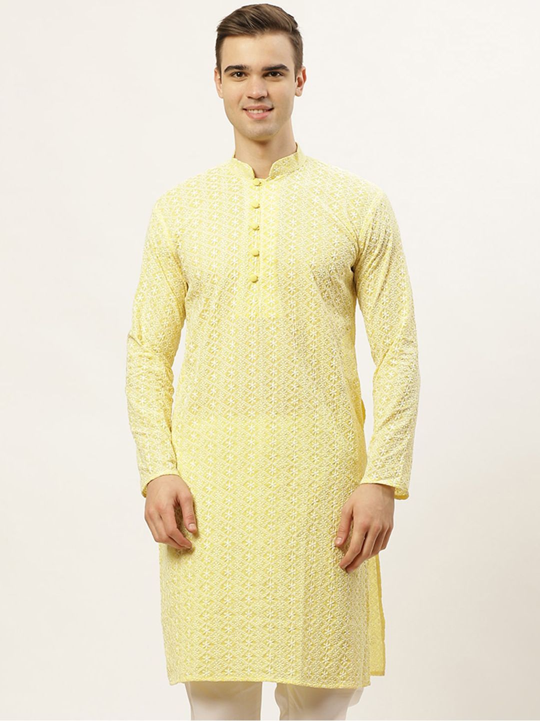 Jompers Men Yellow Thread Work Embroidered Chikankari Kurta