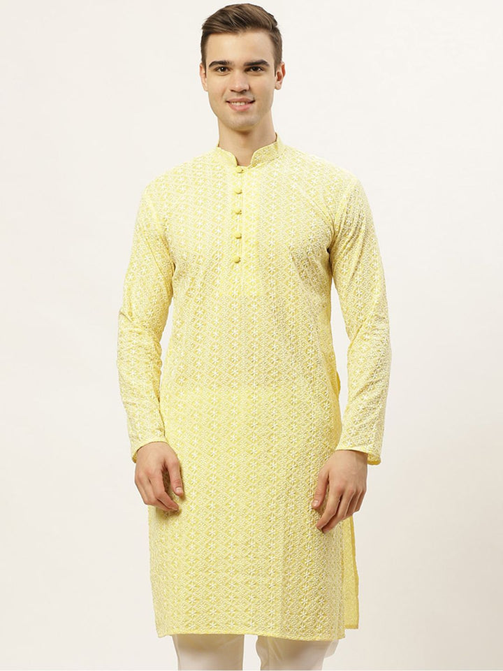 Jompers Men Yellow Thread Work Embroidered Chikankari Kurta