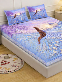 KLOTTHE Purple & Blue Floral 400 TC King Bedsheet with 2 Pillow Covers