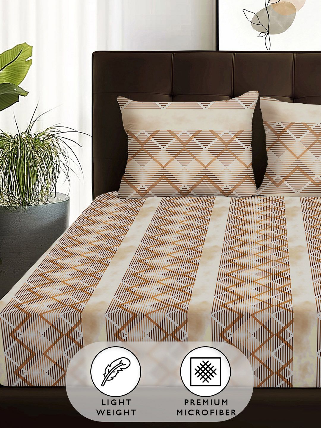 Story@home Arena Brown & White Geometric Printed 180 TC Queen Bedsheet & 2 Pillow Covers