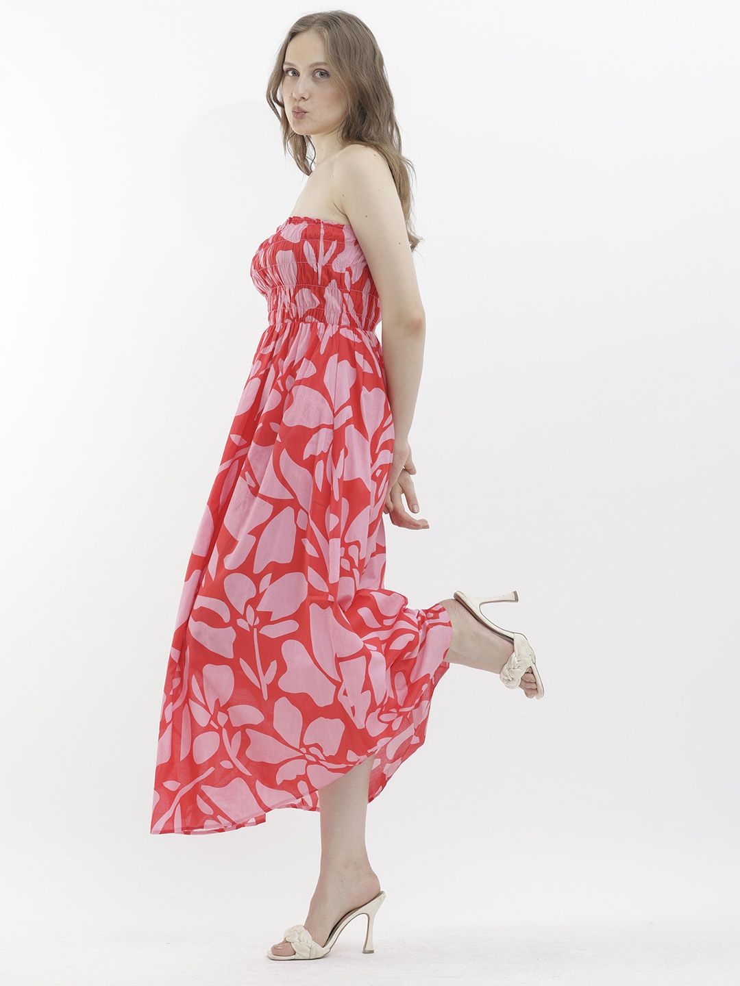 RAREISM Floral Printed Strapless Sleeveless Smocked Maxi Dress