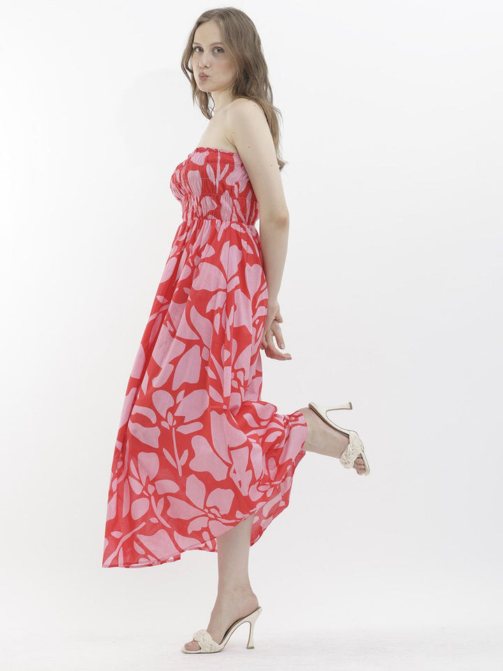 RAREISM Floral Printed Strapless Sleeveless Smocked Maxi Dress