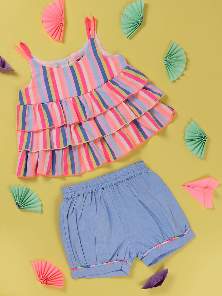 Nauti Nati Girls Pink & Grey Striped Top with Shorts