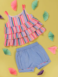 Nauti Nati Girls Pink & Grey Striped Top with Shorts
