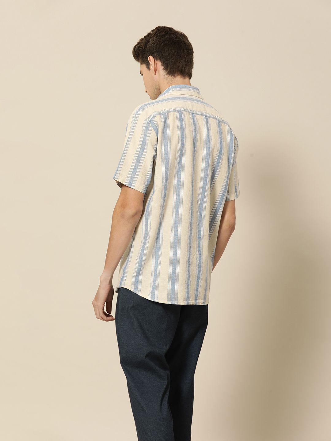 Mr Bowerbird Men Beige & Blue Striped Casual Shirt