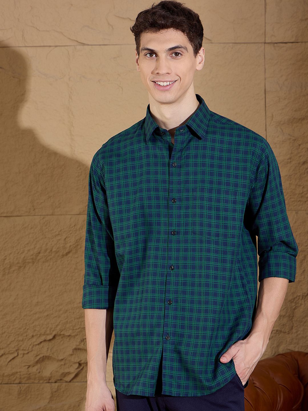 DENNISON Men's Tartan Checks Cotton Casual Shirt