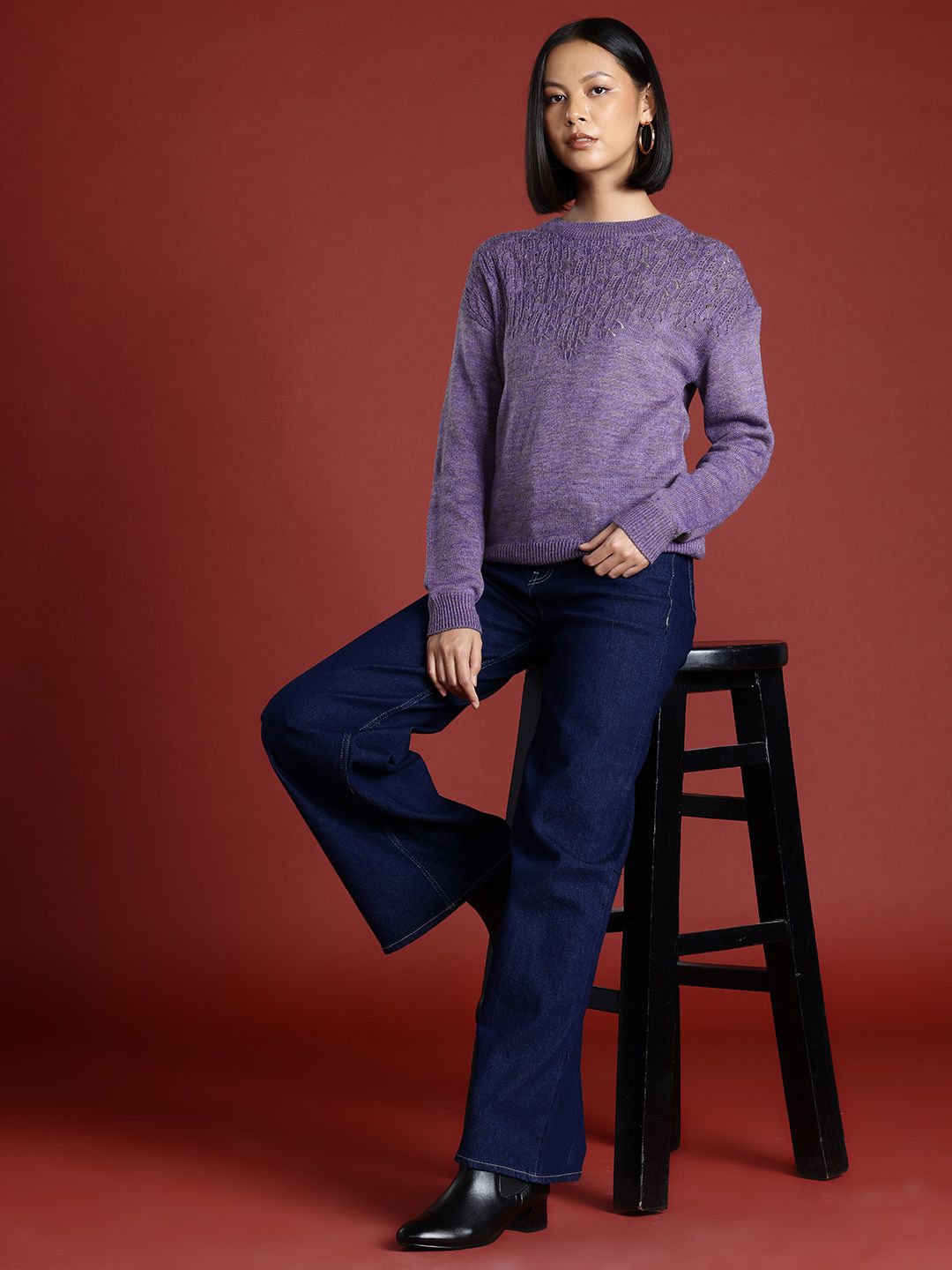 all about you Acrylic Round Neck Self Design Pullover