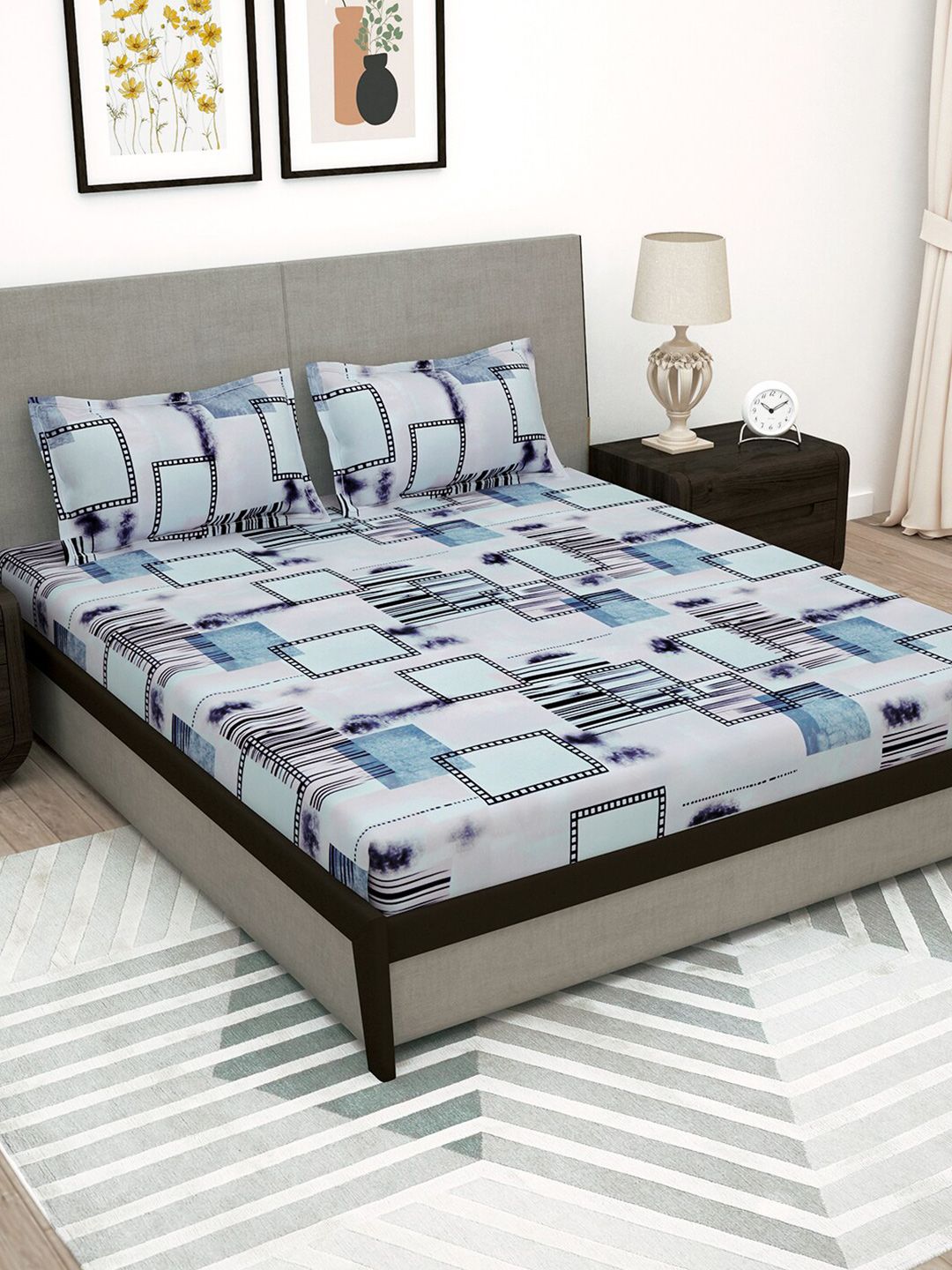 Story@home Blue & Grey Geometric 180 TC Flat Queen Bedsheet with 2 Pillow Covers