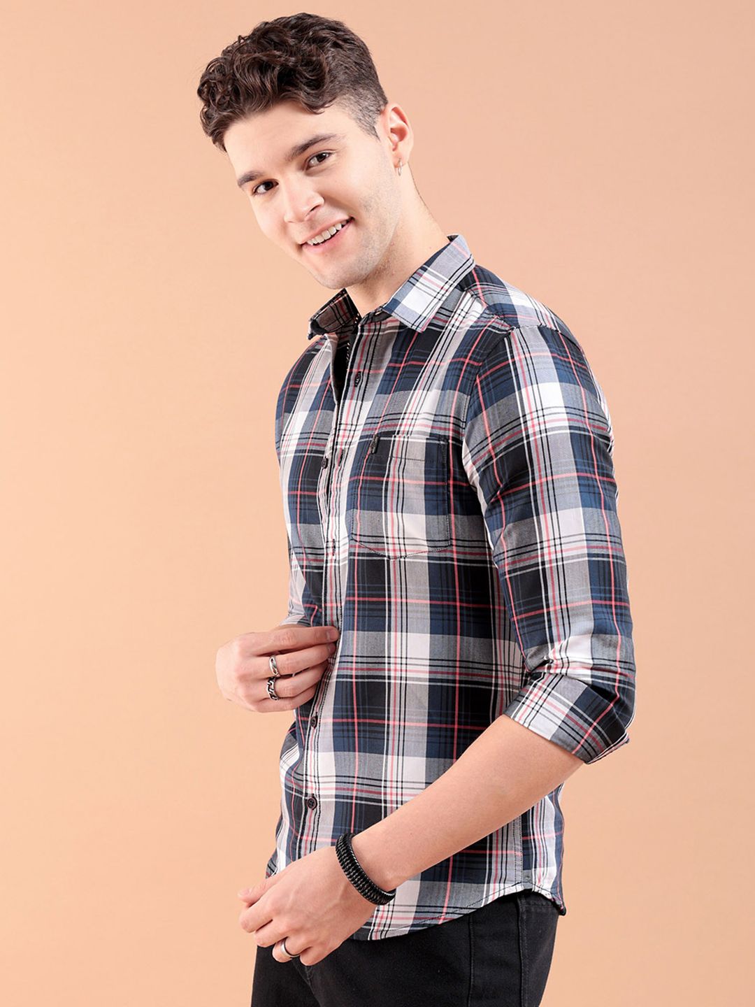 The Indian Garage Co Men Teal Blue & White Gingham Checked Pure Cotton Casual Shirt
