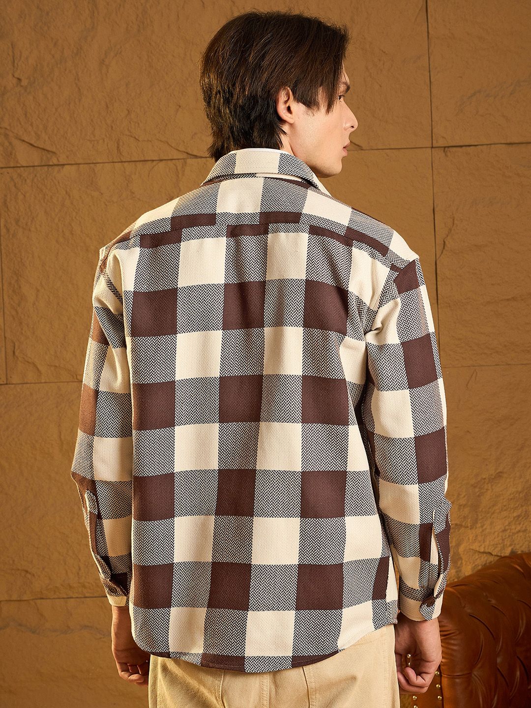 DENNISON Men Double Pocket Drop Shoulder Oversized Cotton Checked Shacket
