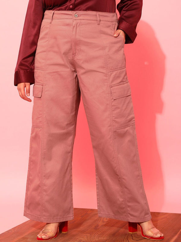CURVY STREET Women Plus Size Pink Relaxed Straight Leg Pure Cotton Trousers