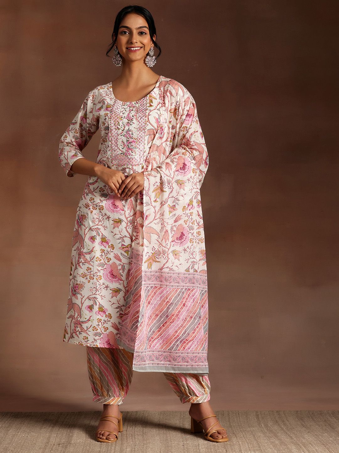 Libas Floral Printed Sequinned Pure Cotton Kurta with Salwar & Dupatta