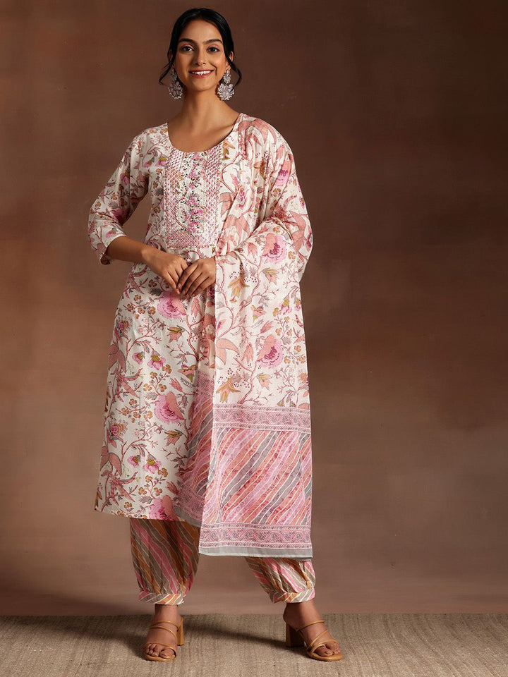 Libas Floral Printed Sequinned Pure Cotton Kurta with Salwar & Dupatta