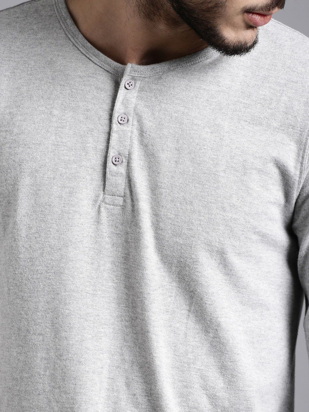 ETHER Men Grey Melange Slim Fit Henley Neck Cotton Pure Cotton T-shirt