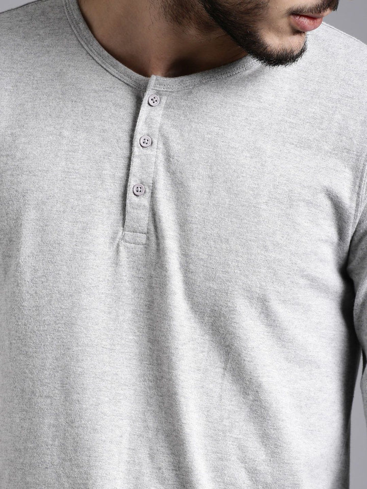 ETHER Men Grey Melange Slim Fit Henley Neck Cotton Pure Cotton T-shirt