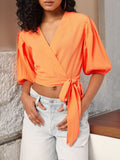 DressBerry Tied Up In Holiday Bliss Seersucker Crop Wrap Style Top