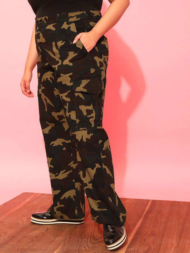 CURVY STREET Women Plus Size Olive Green Printed Relaxed Straight Leg Pure Cotton Trousers