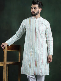 SOJANYA LUXE Striped Embroidered Mandarin Collar Thread Work Georgette Kurta