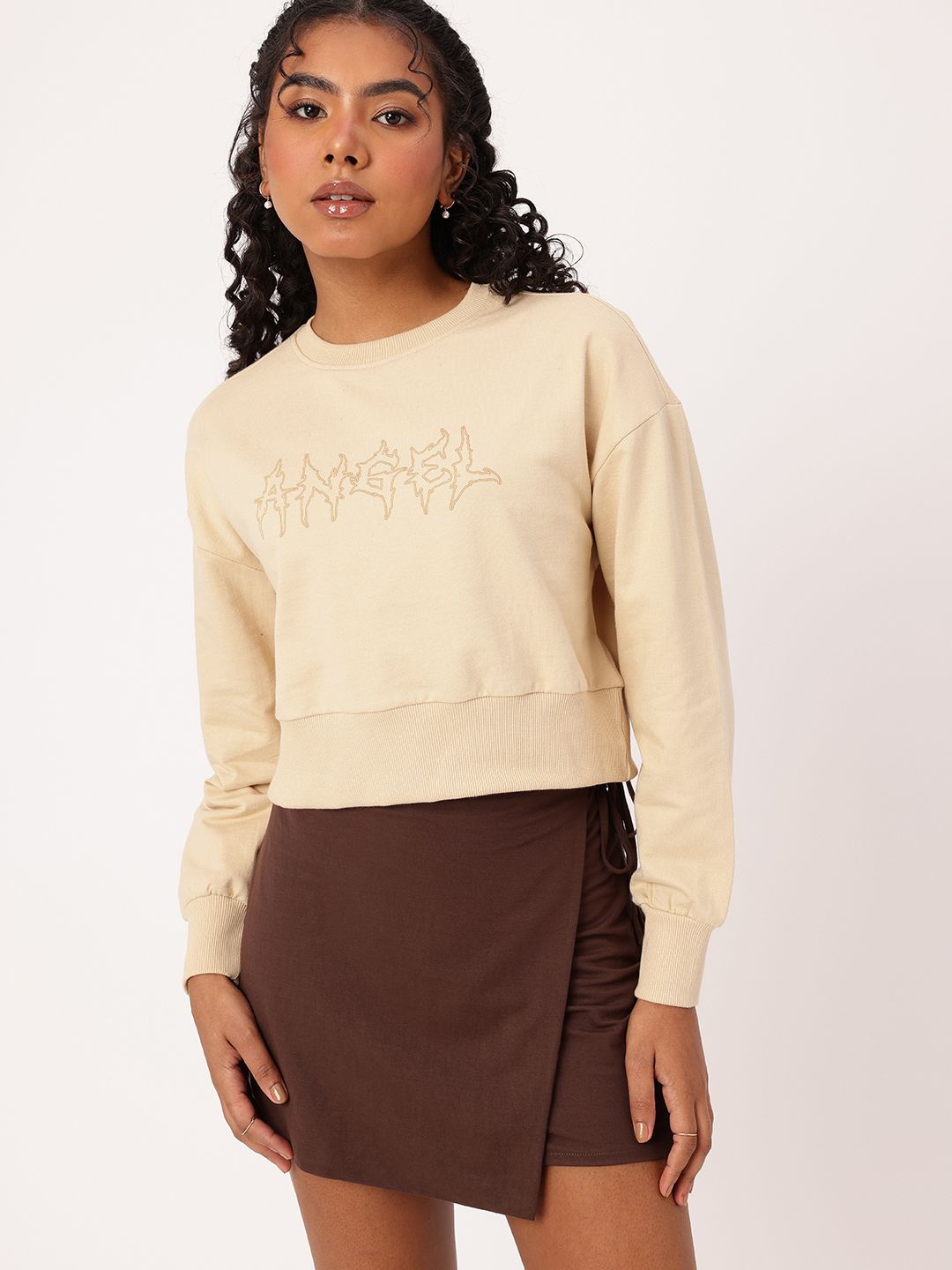 DressBerry Printed Cotton Terry Boxy Fit Crop Sweatshirt