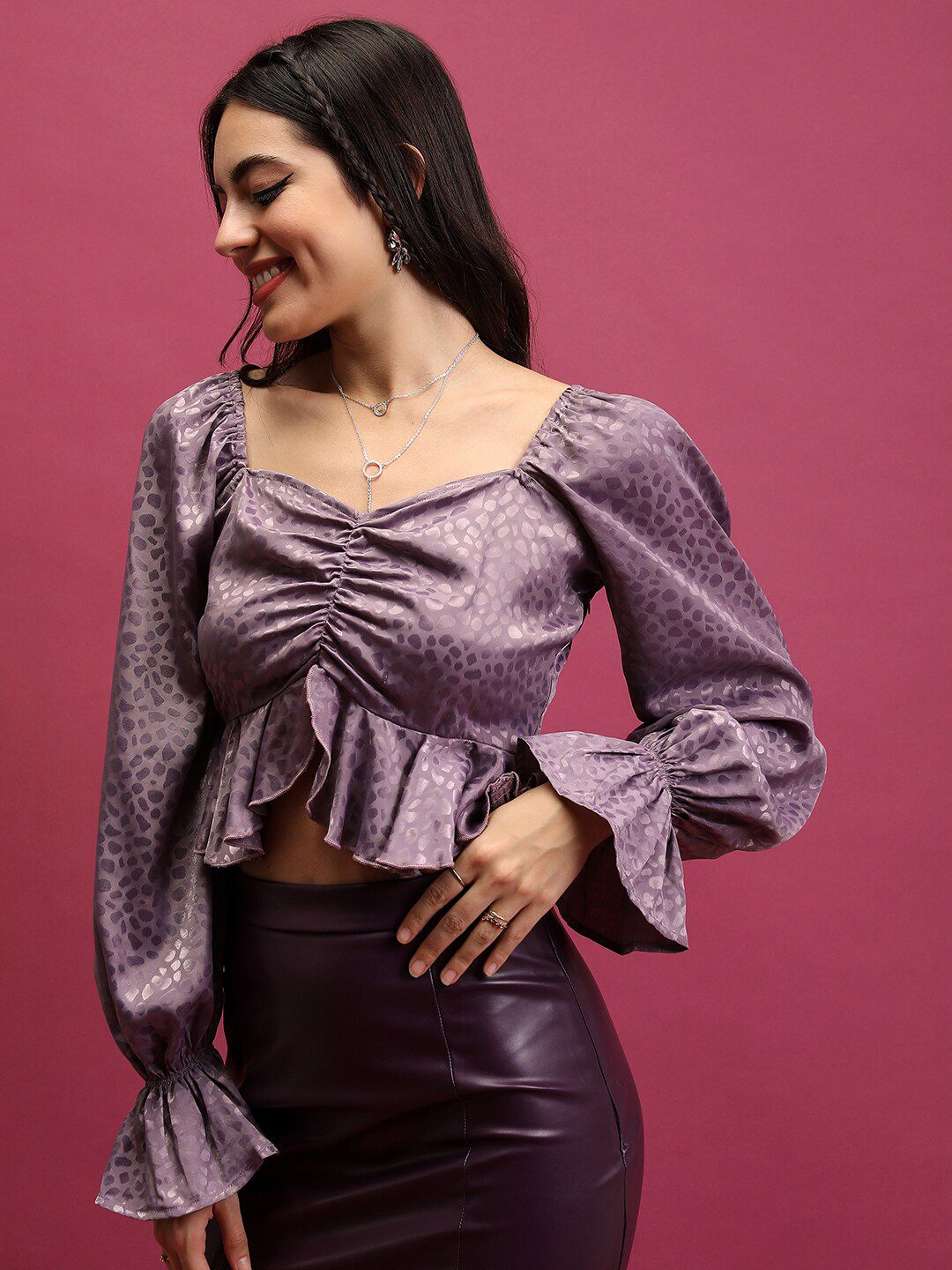 Tokyo Talkies Sweetheart Neck Bell Sleeve Ruched Ruffled Top