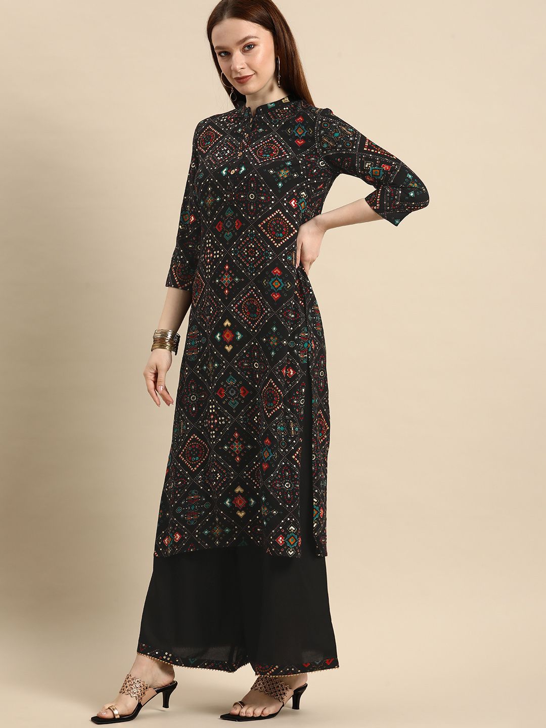 Anouk Women Black Ethnic Motifs Printed Kurta with Palazzos & With Dupatta