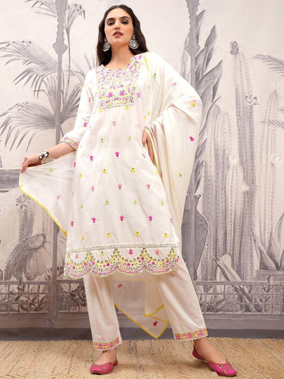 Vishudh Floral Printed Thread Work Pure Cotton Straight Kurta & Trousers With Dupatta