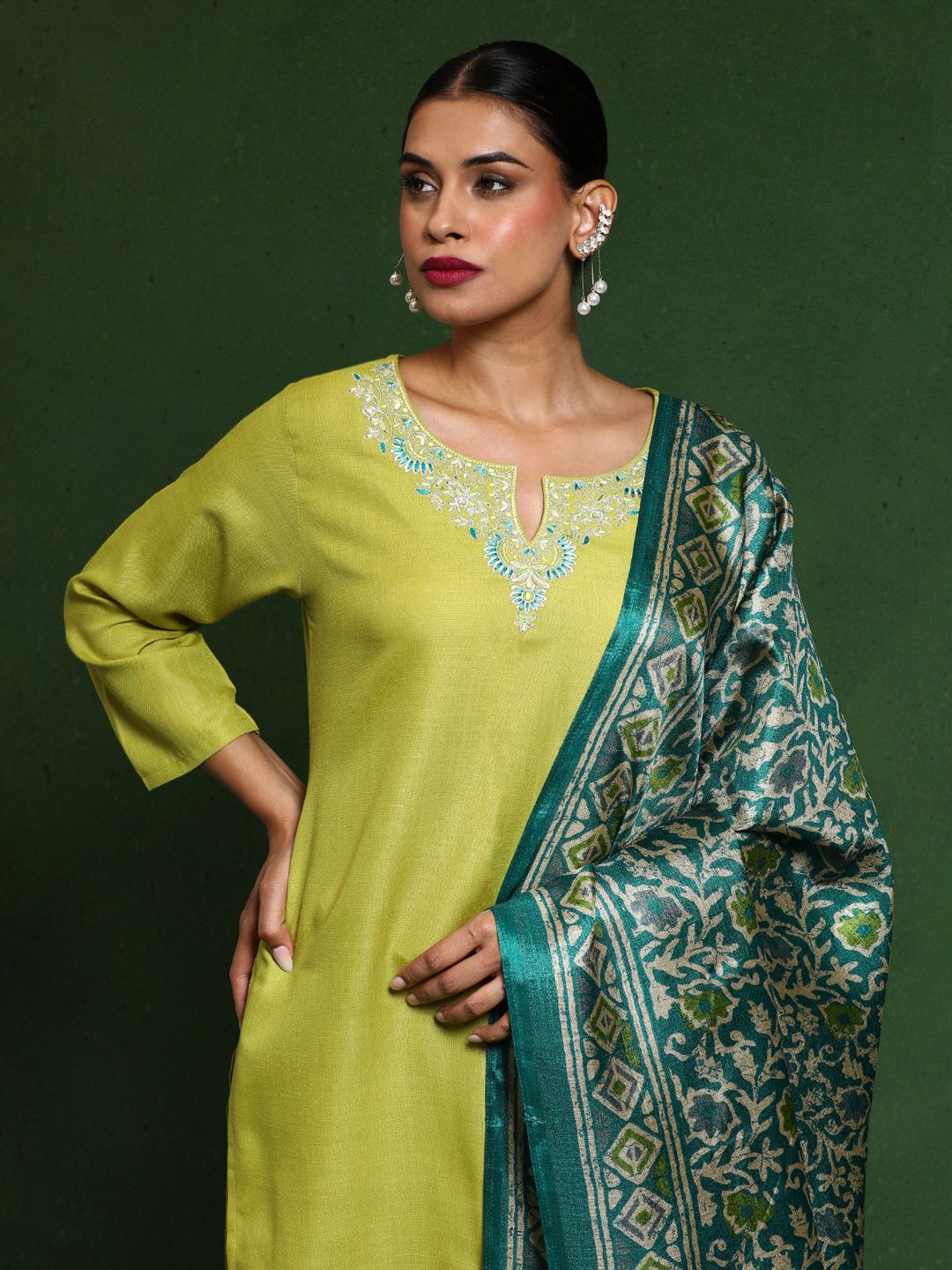 Varanga Floral Embroidered Notch Neck Straight Kurta With Trousers And Dupatta