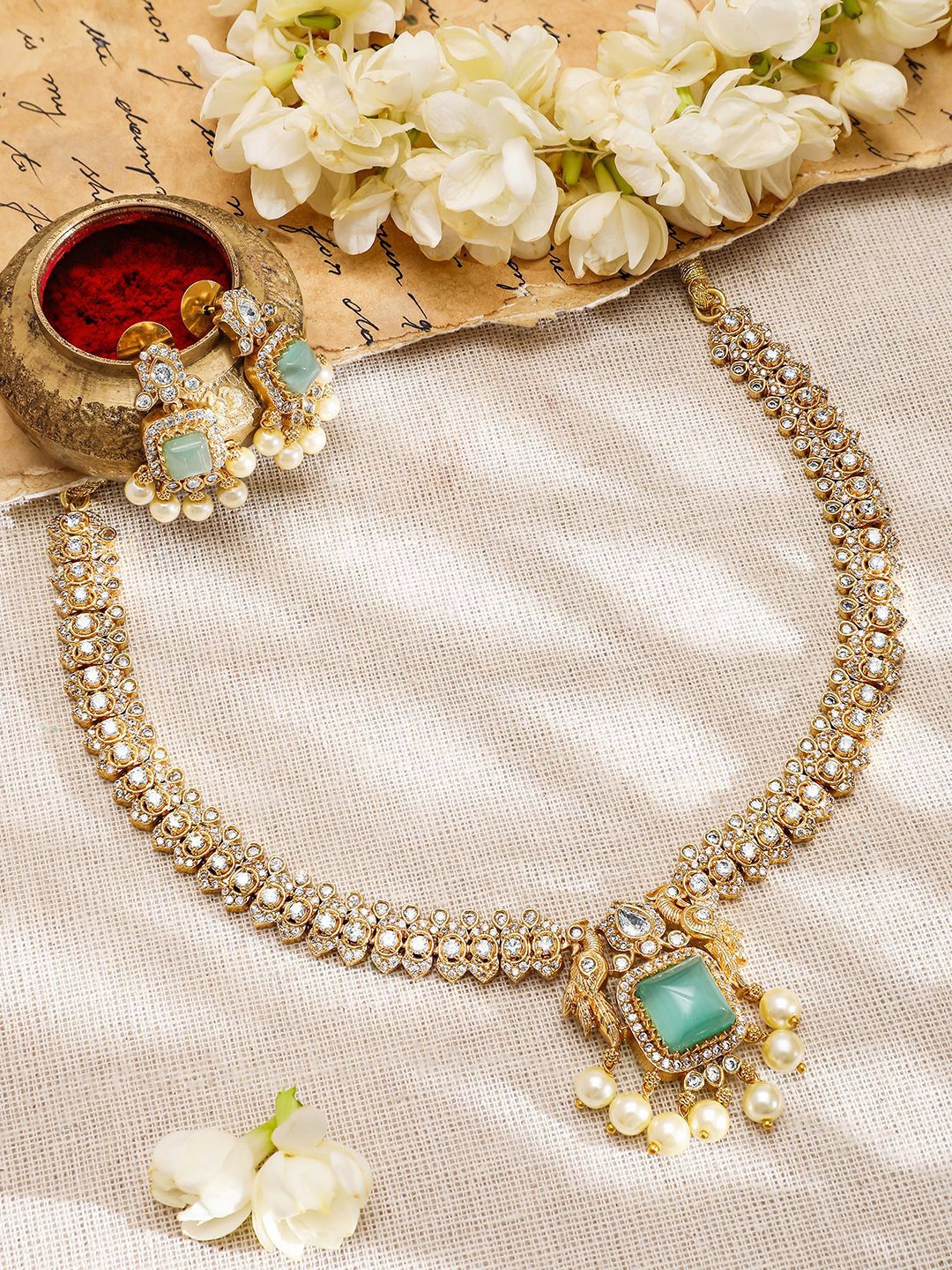 Rubans 22K Gold-Plated Aqua AD & White CubicZirconia Studded Jewellery Set with Pearl Drop
