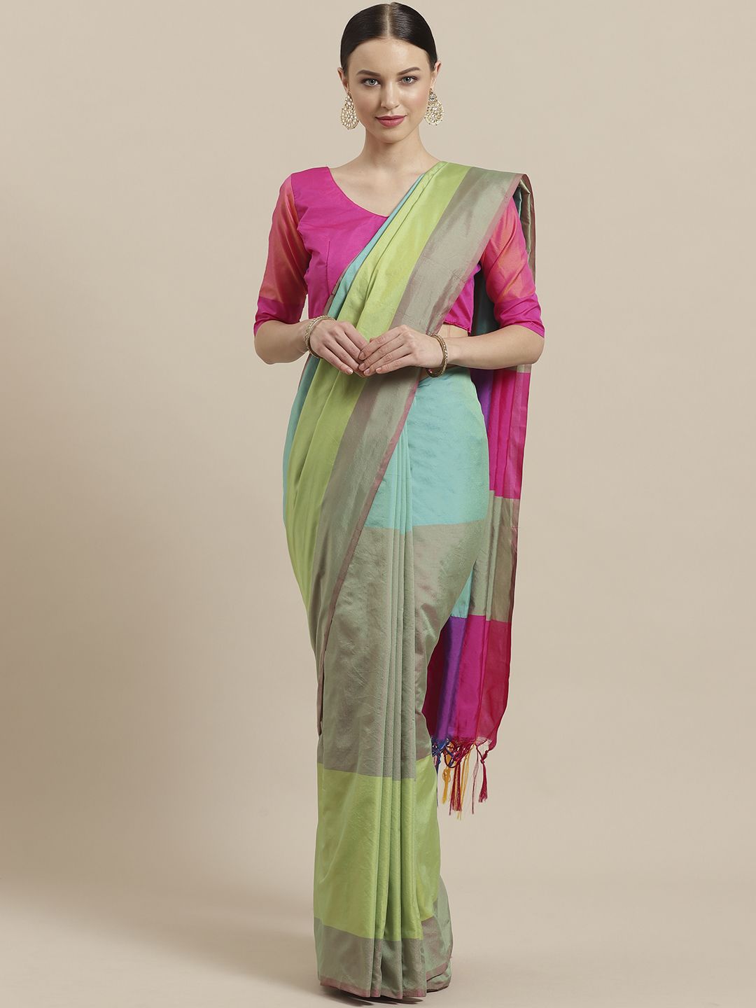 Saree mall Green & Blue Colourblocked Mangalagiri Saree