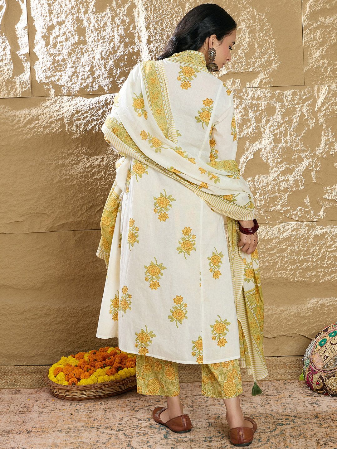 Indo Era Women Floral Printed Pleated Beads and Stones Pure Cotton Kurta with Trousers & With Dupatta