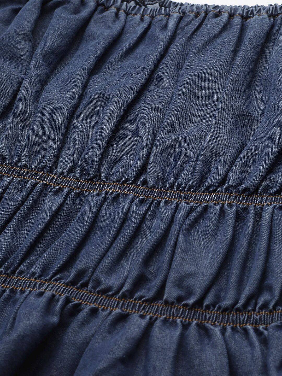 STREET 9 Navy Blue Pure Cotton Solid Denim Fitted Top