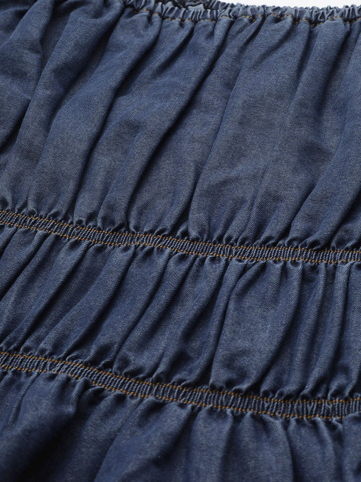 STREET 9 Navy Blue Pure Cotton Solid Denim Fitted Top