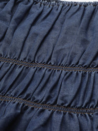 STREET 9 Navy Blue Pure Cotton Solid Denim Fitted Top