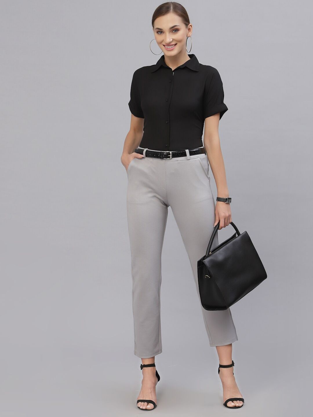 Style Quotient Women Black Solid Polyester Regular Fit Casual Shirt