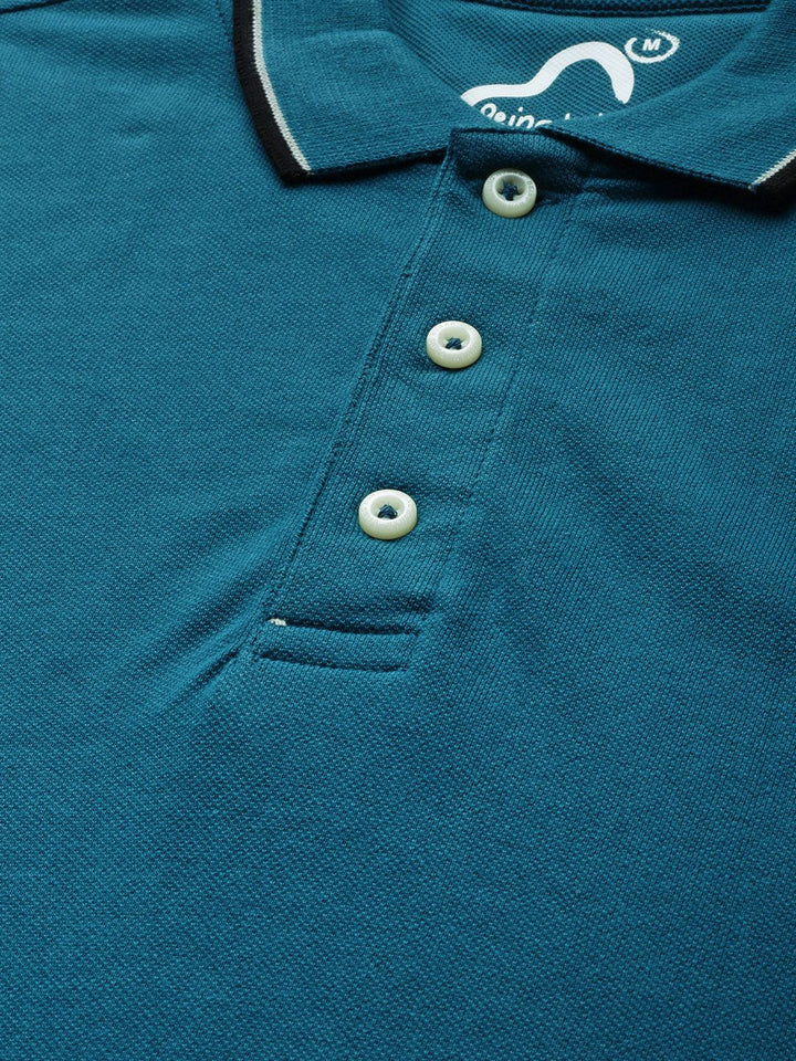 Being Human Clothing Men Teal Blue Solid Polo Collar Pure Cotton T-shirt with Tipping Detail