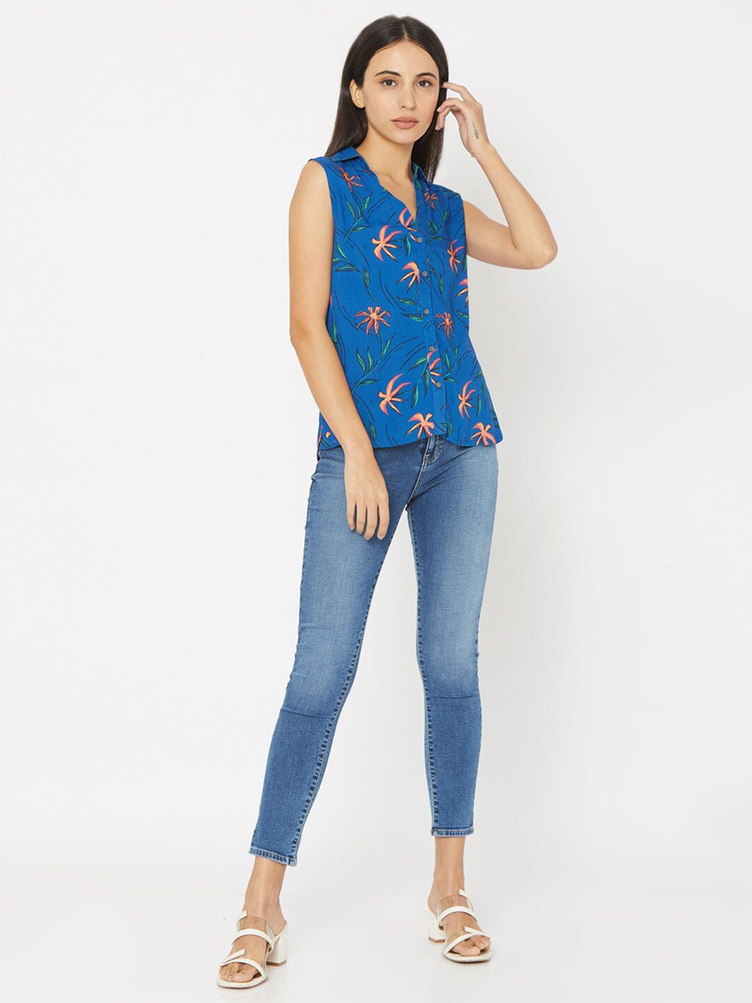 SPYKAR Blue & Orange Tropical Print Tropical Shirt Style Top
