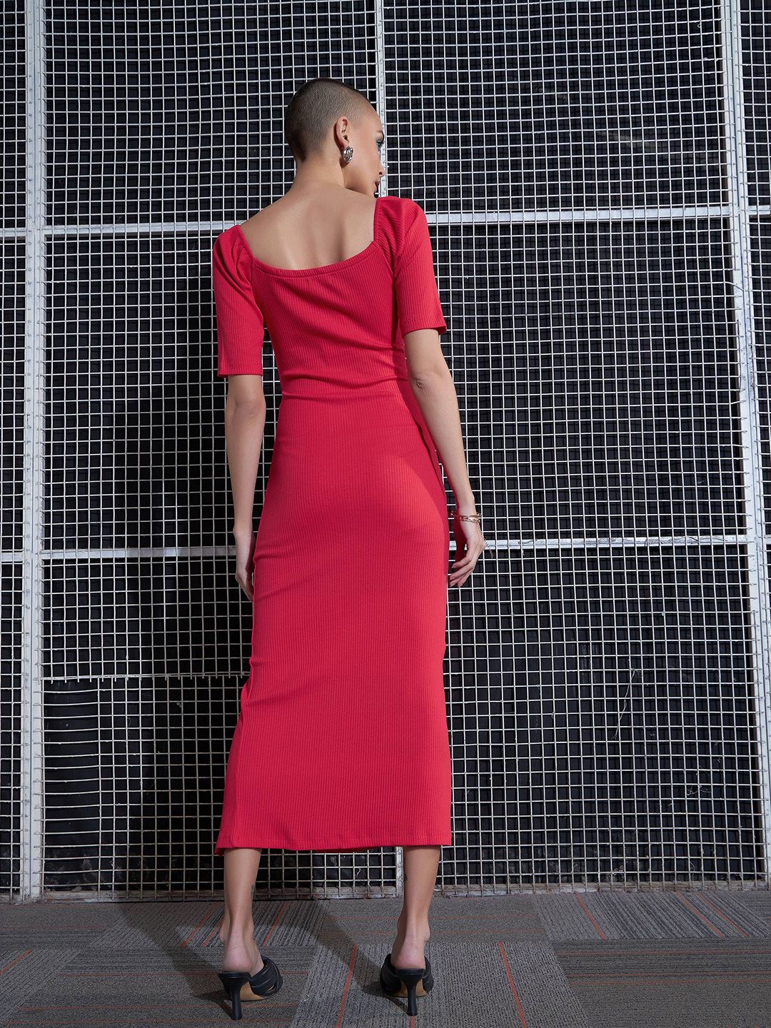 SASSAFRAS Red Cut-Out Detailed Midi Sheath Dress
