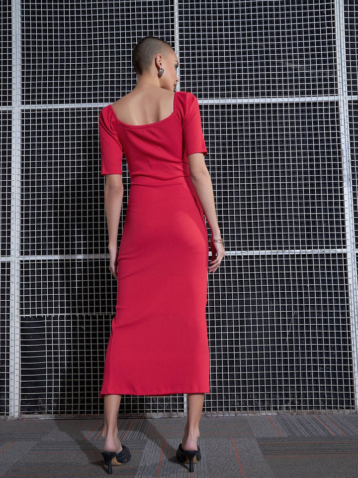 SASSAFRAS Red Cut-Out Detailed Midi Sheath Dress