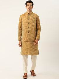 SOJANYA Kurta Jacquard Mustard Kuning & Putih Putih dengan Jaket Churidar & Nehru