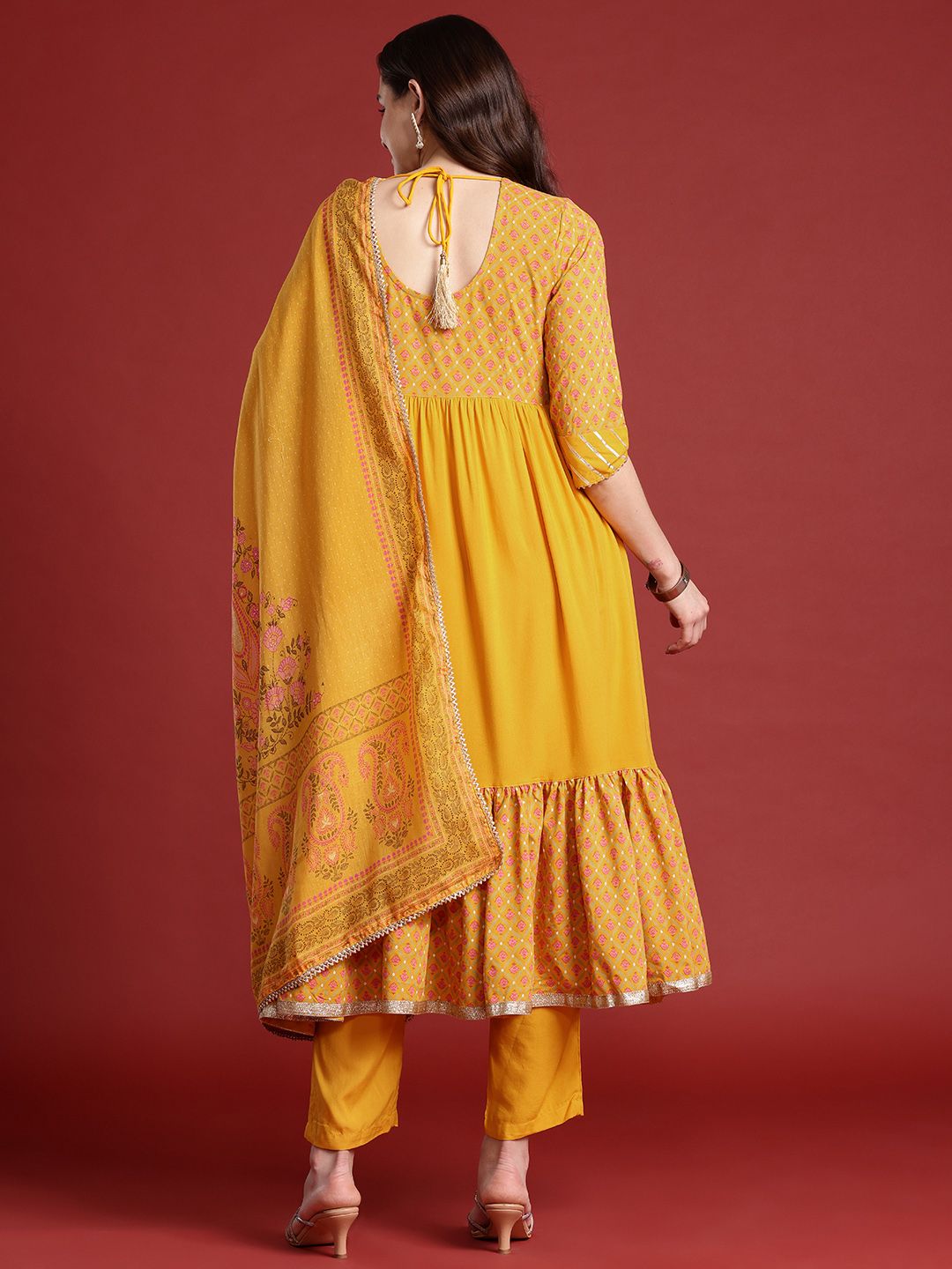 Anouk Women Floral Printed Angrakha Gotta Patti Kurta with Trousers & Dupatta