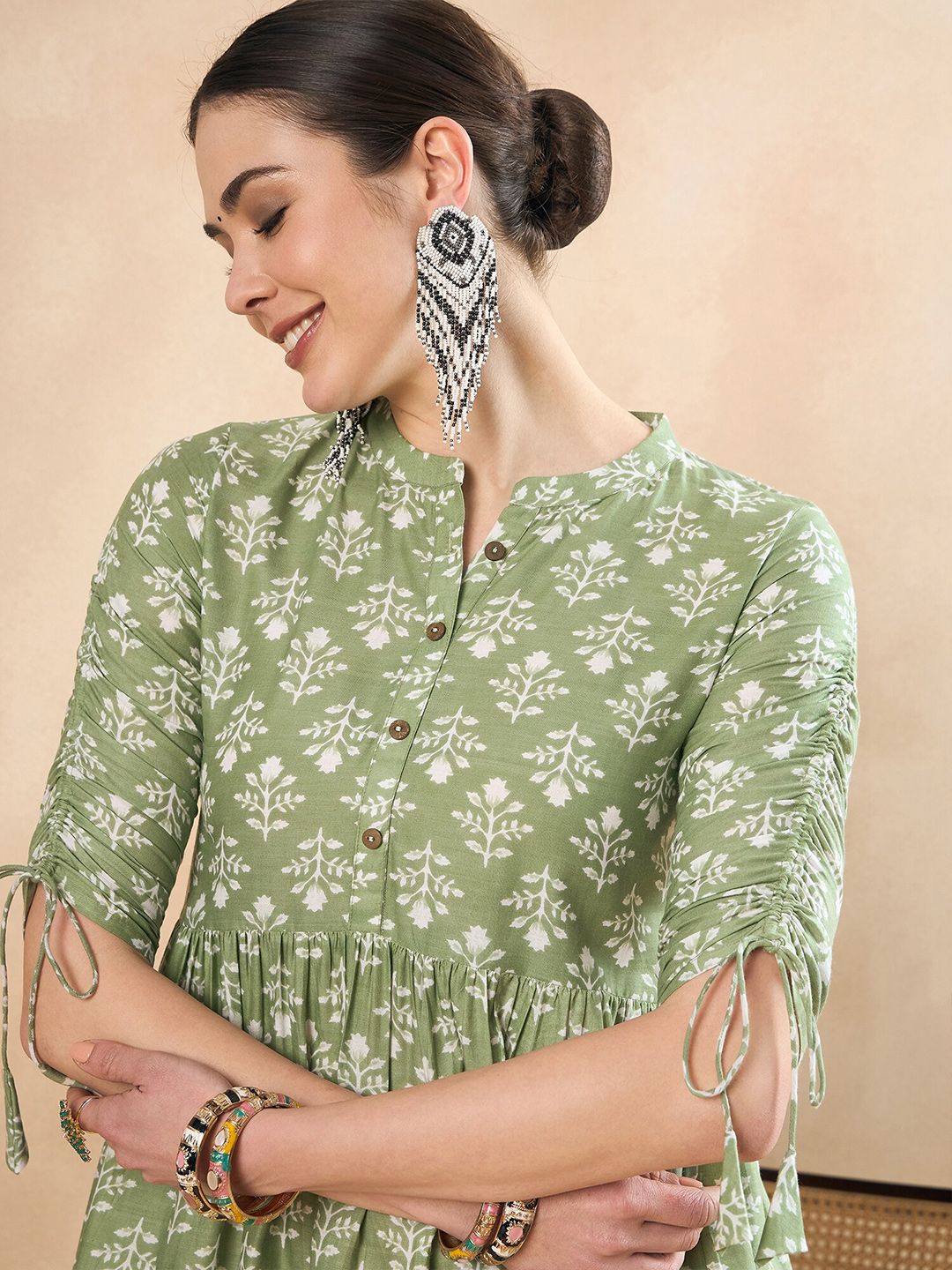 Anouk Floral Printed Ruched Pure Cotton A-Line Short Kurti