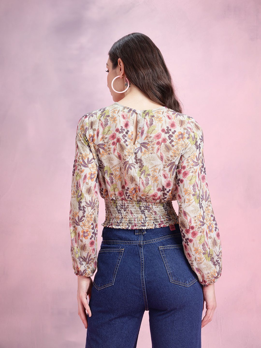 DressBerry Floral Print Cuffed Sleeves Smocked Detail