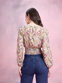 DressBerry Floral Print Cuffed Sleeves Smocked Detail