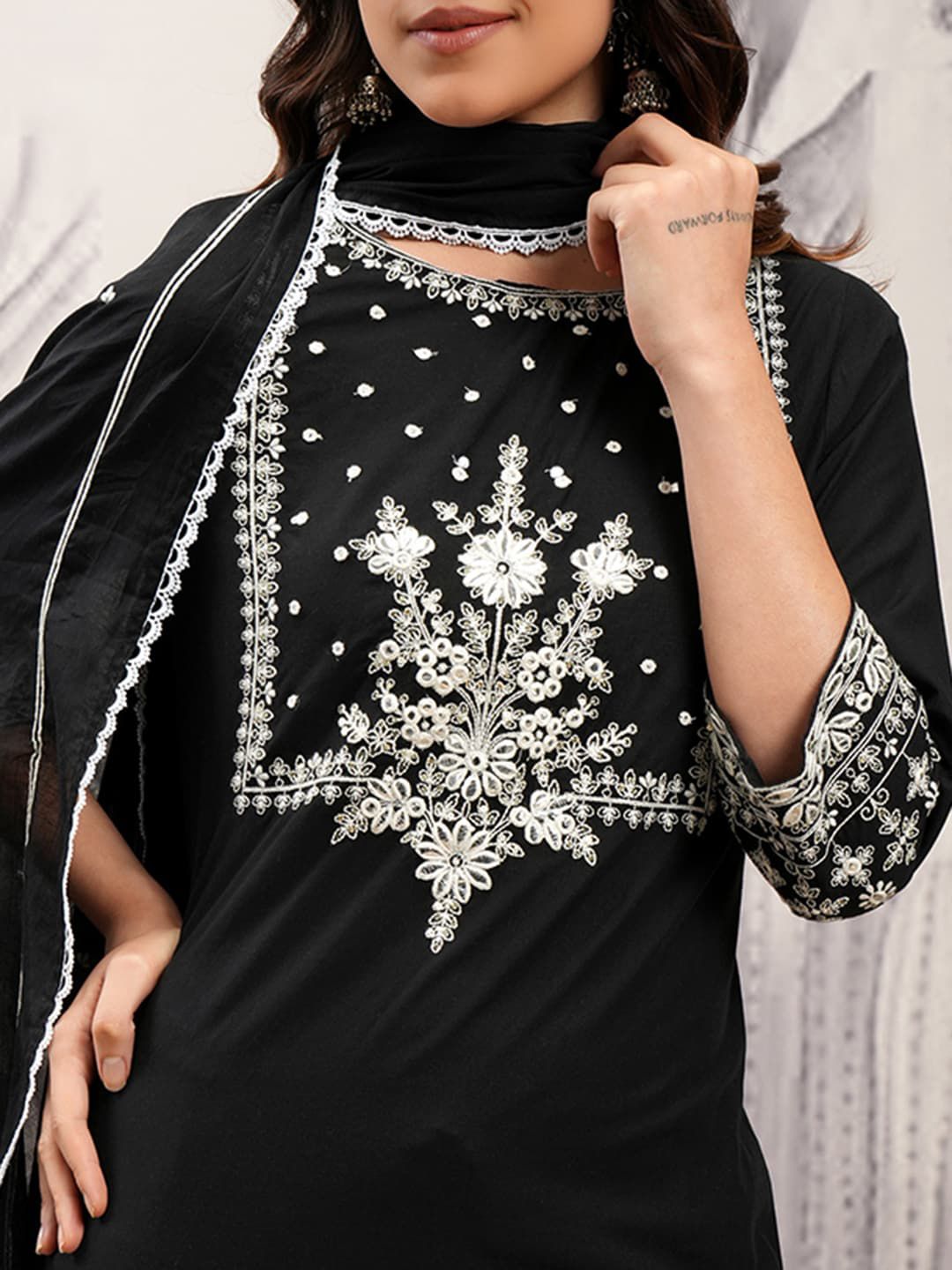 Vishudh Black Floral Embroidered Regular Pure Cotton A-Line Kurta With Trousers & Dupatta
