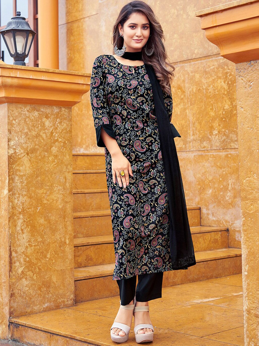 KALINI Paisley Printed Keyhole Neck Straight Kurta & Trouser With Dupatta