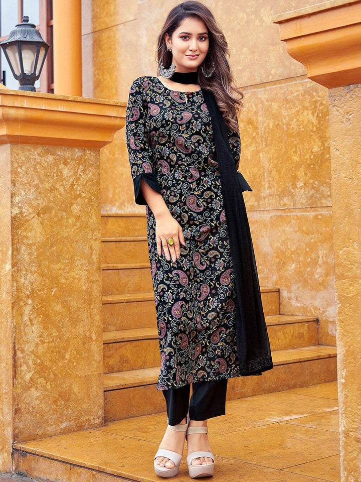 KALINI Paisley Printed Keyhole Neck Straight Kurta & Trouser With Dupatta