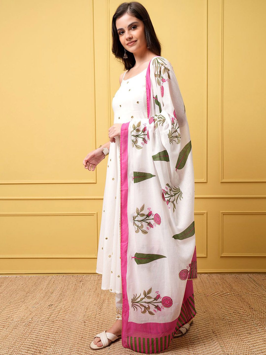 Vishudh Women Floral Embroidered Regular Pure Cotton Kurta with Trousers & With Dupatta
